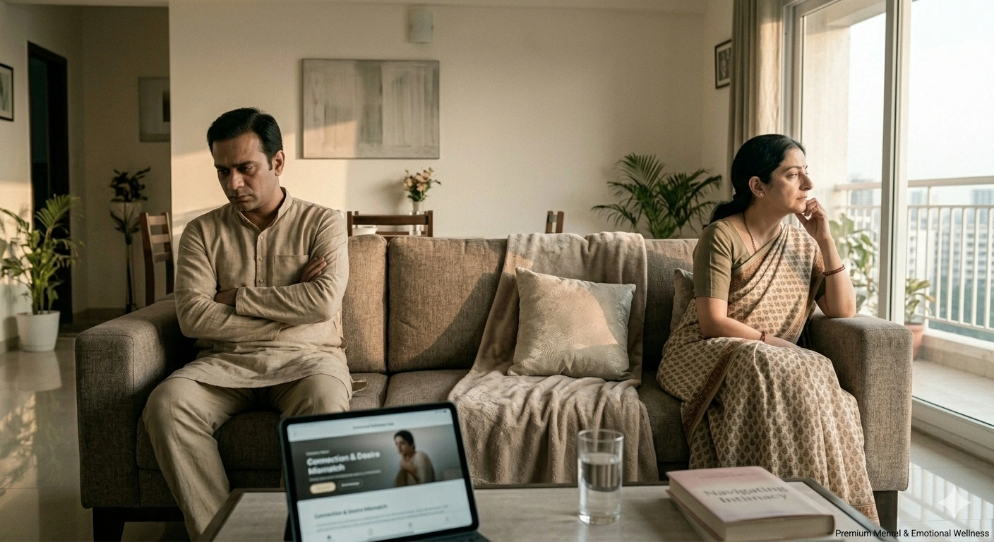 Indian married couple experiencing mismatched sexual desire and emotional distance in marriage.